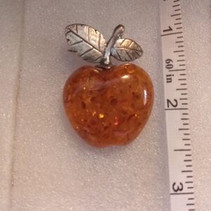 Amber Apple Brooch with Silver Leaf